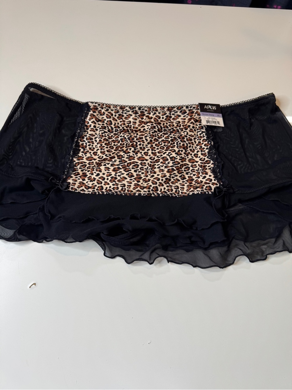 NWT Apt. 9 Skirted Thong Panty Black Mesh Leopard Print Ruffle Lingerie XL